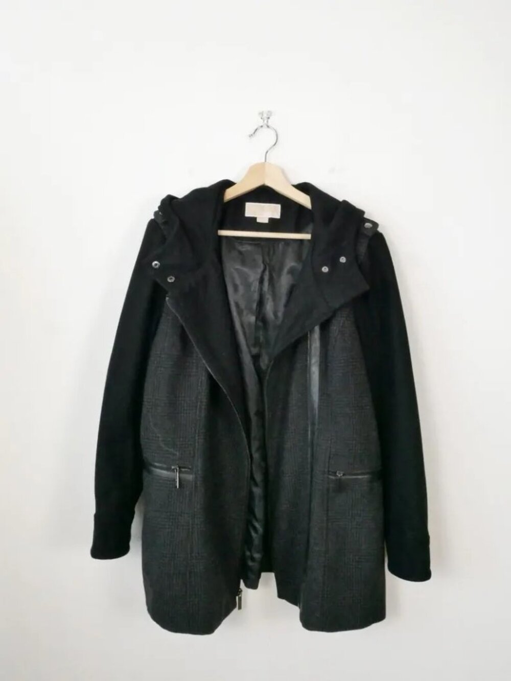 MICHAEL KORS BLACK/GRAY PLAID WOOL BLEND HOODIE COAT